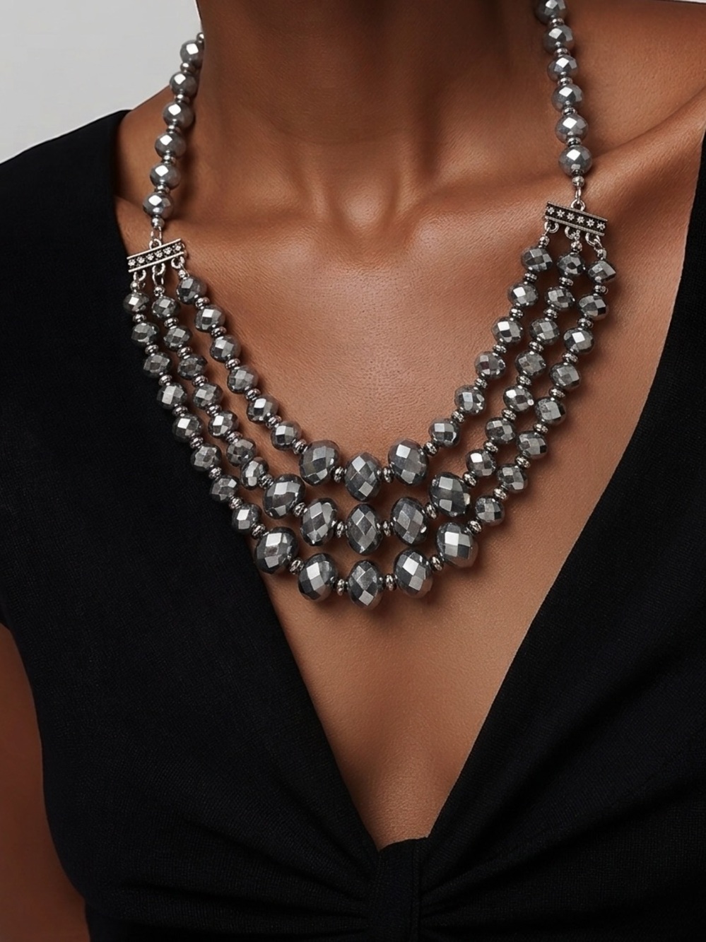 Silver Faceted Bead Statement Necklace & Earrings - Women Jewelry